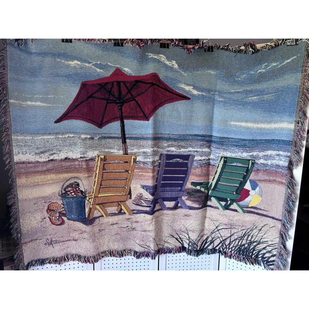Tapestry Beach Scene Chairs Umbrella Ocean Blanket Scott Westmoreland 67x50"